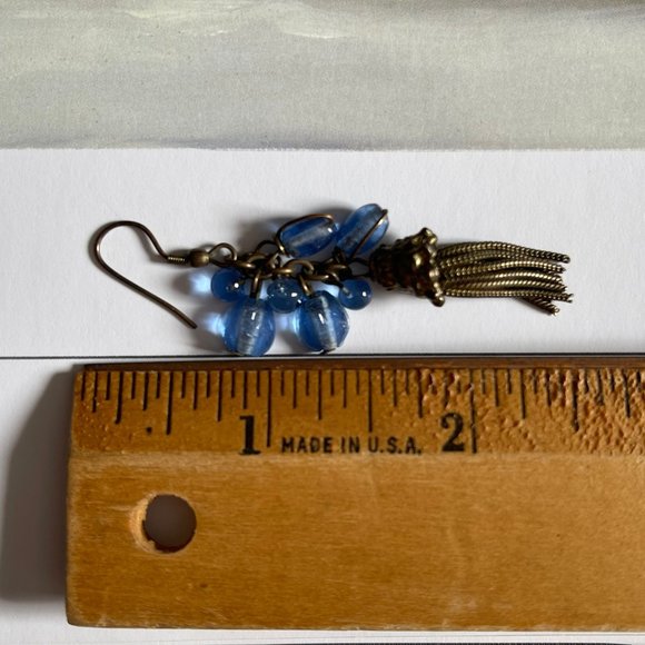 Vintage Blue Stone Antique Brass Chandelier Dangle Earrings - Picture 4 of 4